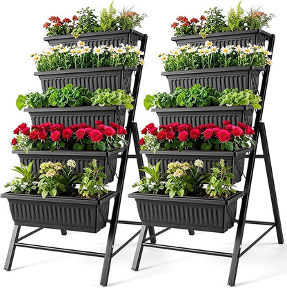 SEJOV 2 Pack Vertical Raised Garden Bed, 5 Tiers Elevated Planter Box for Herbs Vegetables Flowers, Graden Vertical Planter with Drainage System for Patio Balcony Garden Outdoor Indoor Plants, Black