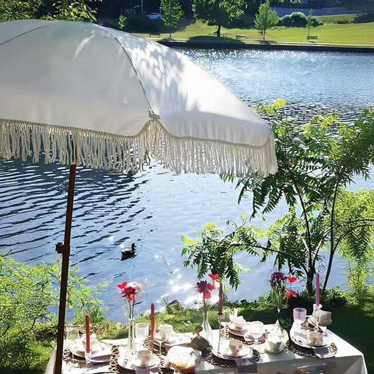 Patio Umbrella with Fringe Outdoor Tassel Umbrella UPF50+ Premium, 7ft