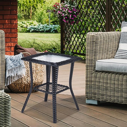 VINGLI Outdoor Side Table with Storage Wicker Patio Side Table, Tempered Glass Top End Table for Balcony Porch Deck (Black)