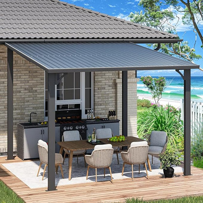 AECOJOY 10' x 10' Hardtop Gazebo Outdoor Pergola, Heavy Duty Lean to Metal Pergolas and Gazebos Clearance, Wall-Mounted Grill Gazebo Galvanized Steel Patio Roof Awnings for Patio, Decks