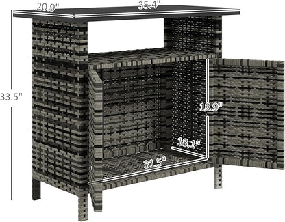 Outsunny Wicker Outdoor Storage Cabinet, Rattan Outdoor Bar Table with 2 Doors and Shelf, Outdoor Buffet Cabinet Sideboard with Metal Slatted Countertop for Poolside, Patio, Backyard, Mixed Gray