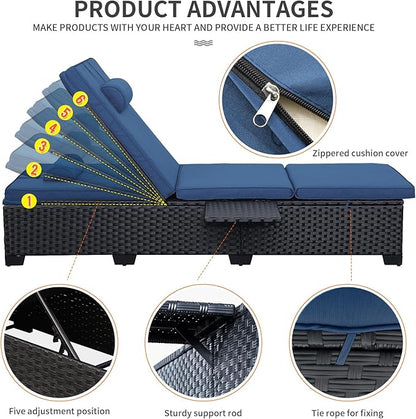 WAROOM Outdoor Chaise Lounge Chairs for Outside Patio Furniture Set of 2 Wicker Recliner Black Rattan Sunbathing Lounger Adjustable Backrest Pool Reclining Chair, Navy Blue Cushion