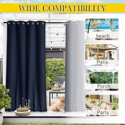 NICETOWN 2 Panels Fixed Outdoor Curtains for Patio Waterproof, Top & Bottom Grommet & Back Tab Windproof Drapes Thermal Insulated Blackout Outdoor Drapes for Gazebo, W52 x L72, Navy Blue, 2 Panels