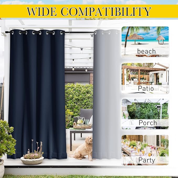 NICETOWN 2 Panels Outdoor Curtains for Patio Waterproof Extra Long 108", Windproof Thermal Insulated Top & Bottom Grommet & Back Tab Blackout Porch Drapes with Rope for Fixed, Navy Blue, 104" Wide