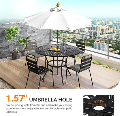 VINGLI 42" Round Outdoor Dining Table - Patio Metal Table with 1.97" Umbrella Hole, Iron Garden Table for Deck Porch Backyard, Black