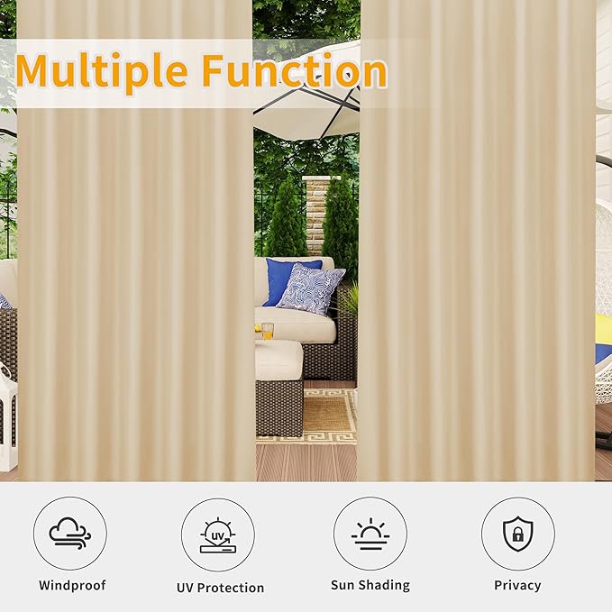 Easy-Going Outdoor Patio Curtains Detachable Tab Top Windproof Weatherproof Curtain for Cabana, Porch, Pergola and Gazebo, Tab Bottom Drape, 2 Panels, 54W x 96L inch, Beige