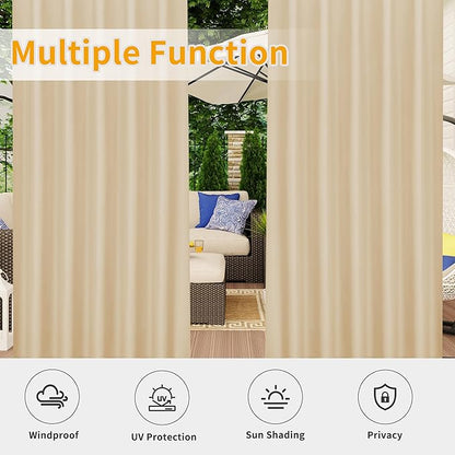 Easy-Going Outdoor Patio Curtains Detachable Tab Top Windproof Weatherproof Curtain for Cabana, Porch, Pergola and Gazebo, Tab Bottom Drape, 2 Panels, 54W x 96L inch, Beige