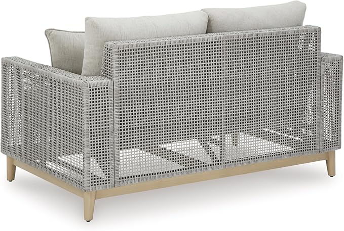 Signature Design by Ashley Seton Creek Cottage Nuvella Weather Resistant Fabric Outdoor Loveseat with Cushion and 2 Throw Pillows, Light Brown & Light Gray