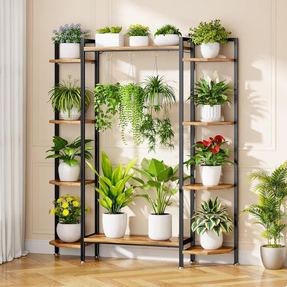 C1 Plant Stand Indoor with 6 Grow Lights, 6 Tiered Large Metal Plant Stand, 55 Inches Tall Plant Shelf with Hooks, Plant Holder Display Shelves for Patio, Garden, Living Room, Balcony