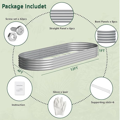 2PCS 12x4x1FT Galvanized Raised Garden Bed Kit,Vegetable Boxes-Oval Metal Flower Box,Large Planter Raised Beds Outdoor Garden for Planting,Fruit,Herb-Silver