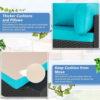Shintenchi 5 Pieces Outdoor Patio Sectional Sofa Couch, Black PE Wicker Furniture Sets, Patio Conversation Sets with Washable Cushions Glass Coffee Table for Garden, Poolside, Backyard,Blue