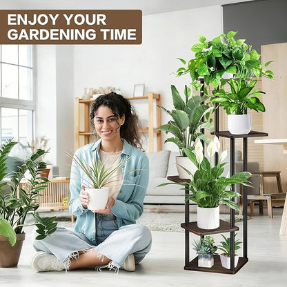 5 Tier Wood Tall Plant Stand Metal Rack Indoor, Multiple Flower Pot Holder Shelves Corner Rack, Planter Shelf Display Rack Storage Organizer for Patio Living Room Balcony Garden(Black Oak)