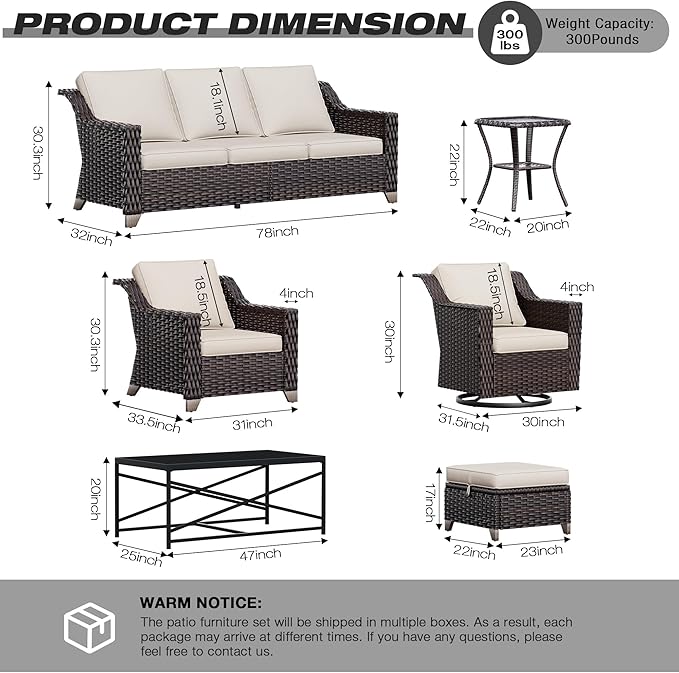 Joyside Wicker Patio Furniture Sets, 5 Pieces Upgraded Large Size Outdoor Furniture with Patio Dining Chairs, 3-Seat Sofa and Outdoor Ottoman, Thick Cushions, Wide Armrest