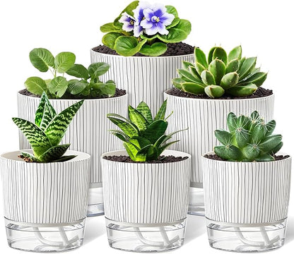 6 Pack Self Watering Pots for Indoor Plants, Flower Planters with Wick Rope & Reservoir, 4" + 5.5" Plastic Pots for African Violet, Orchid, Succulent, Herbs