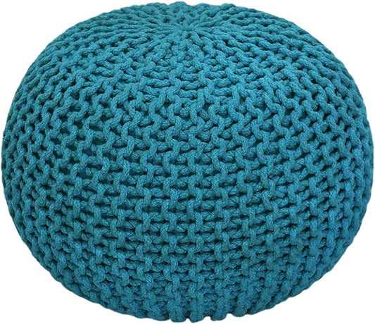 COTTON CRAFT Round Pouf - Hand Knitted Cotton Braid Cord Cable Dori Floor Pouf - Foot Stool - Ottoman Footrest Accent Seat Furniture Bean Bag - Living Room Kids Room Nursery Dorm Décor - 20x14 - Teal