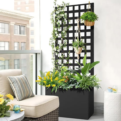 FENCY Metal Planter Box with Trellis, Planter Trellis for Climbing Plants Vegetable Vines, Trellis with Planter Box & Privacy Screen, Raised Garden Bed with Drainage Holes (23.6" L x 63" H/Lattice)