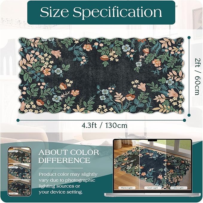 Outdoor Door Mat Boho Floral Non-Slip Black 2 x 4.3 Ft