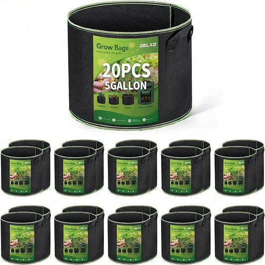 Delxo 20 Pack 5 Gallon Grow Bags Heavy Duty Aeration Fabric Pots Thickened Nonwoven Garden Plant Growing Bags with Handles for Planting
