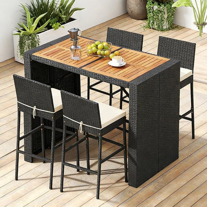 COSTWAY 5 Piece Patio Bar Set, Outdoor Rattan Wicker Bar Table and 30'' High Top Chairs Set with Acacia Wood Tabletop and Cushions for Poolside, Backyard