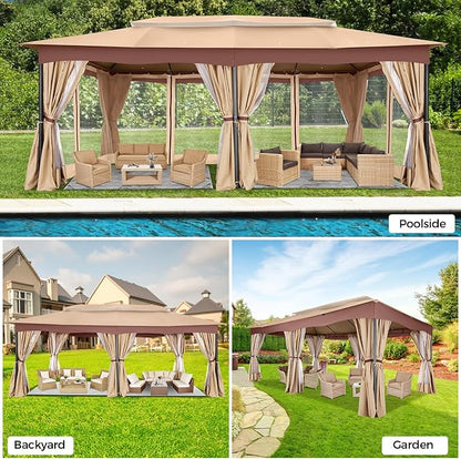 COBIZI Gazebo 12x20 Heavy Duty Gazebos with Curtain and Netting Outdoor Gazebo Canopy Double Roof Patio Gazebos with Metal Steel Frame for Patio, Deck, Backyard-Khaki