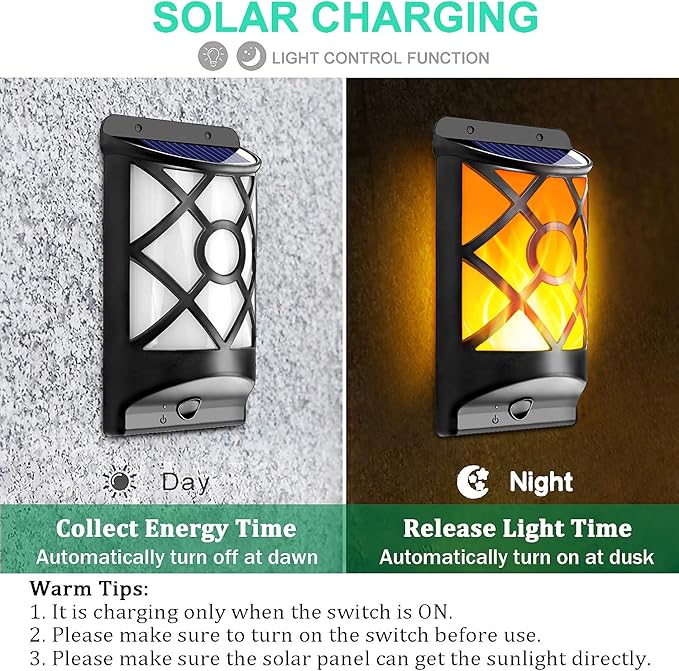 Wall Lights 6 Pack, Black Solar Flickering Flame, IP65 Waterproof