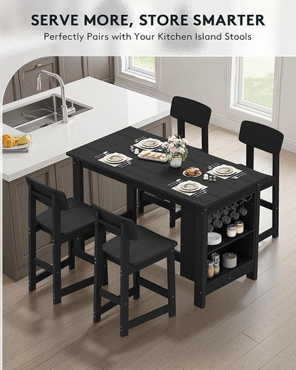 SERWALL Outdoor Bar Table and Chairs Set, 5-Piece HDPE Counter Height Patio Dining Sets with Storage and Wine Rack, Rectangular High Top Bar Table with 4 Bar Stools for Garden, Backyard, Black
