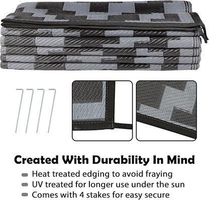 SAND MINE Waterproof Outdoor Rug 9x12 ft, Plastic Reversible Rug, Modern Area Rug, Large Floor Mat for Outdoors, RV, Patio, Backyard, Deck, Picnic, Beach, Camping, Black Grey Lattice