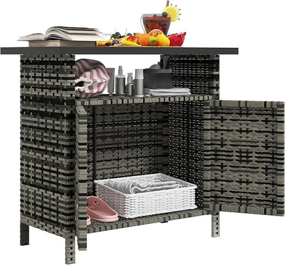 Outsunny Wicker Outdoor Storage Cabinet, Rattan Outdoor Bar Table with 2 Doors and Shelf, Outdoor Buffet Cabinet Sideboard with Metal Slatted Countertop for Poolside, Patio, Backyard, Mixed Gray