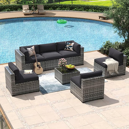 Aoxun 7 Piece Patio Furniture Set Wicker Rattan Patio Conversation Set Outdoor Sectional Sofa Set with Coffee Table and Thickened Cushions, Grey/Black(Waterproof Cover Included)