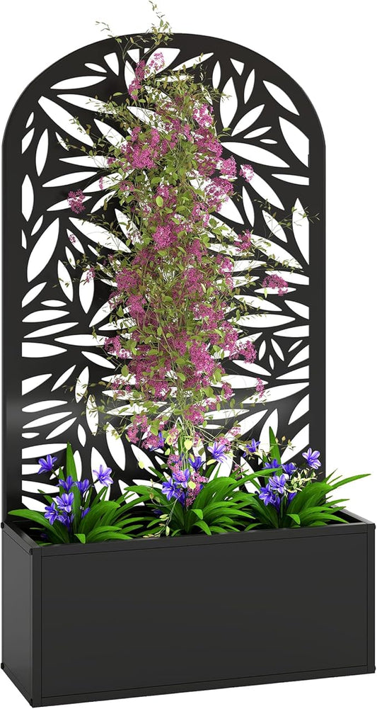 Outsunny Metal Raised Garden Bed with Trellis for Climbing Plants, Freestanding or Wall Mounted Flower Bed with Cueved Privacy Panel, Leaves Cut-Out Outdoor Planter Box for Garden, Patio, Balcony