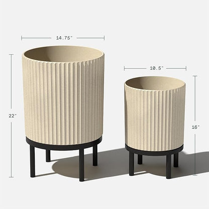 Veradek Demi Series Round Planter w/Stand for Porch/Patio | Durable Plastic-Stone Composite & Wooden Stand | Modern Décor for Tall Plants, Flowers