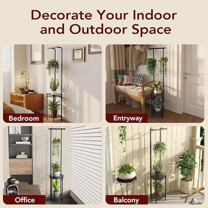 Plant Stand Indoor Outdoor - Heavy Duty Metal 2-tier Hanging Plant Holder Space-Saving Iron Plant Stands Tall Plant Shelf for Living Room Garden Balcony（Black）