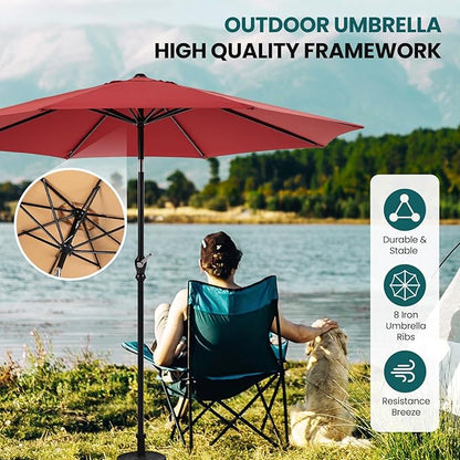 OLIXIS 9ft Patio Umbrella with Tilt and Crank Button & 8 Sturdy Ribs Waterproof, Patio Table Umbrella Perfect for Poolside, Terrace, Beach and Outdoor Restaurant, Red