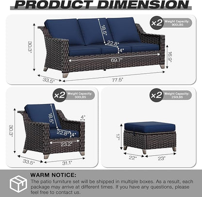 Joyside Wicker Patio Furniture Sets, 6 Pieces Upgraded Large Size Outdoor Furniture with Swivel Rocking Patio Chairs, Two 3-Seat Sofa, Outdoor Ottoman, Thick Cushions, Wide Armrest, Blue