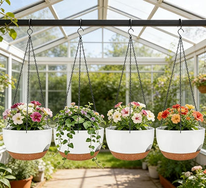 Set of 2-8 Inch Self Watering Hanging Planters for Indoor Outdoor，Hanging Plant Pots with Drainage & Removable Tray, Hanging Pots Holder for Ivy, Pothos, Ferns, Balcony & Patio, White Brown