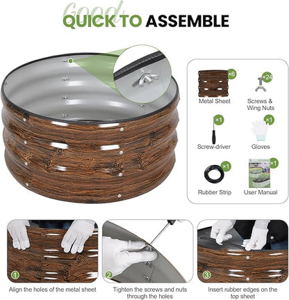 G GOOD GAIN Round Raised Garden Bed - 3Pcs 2x2x1ft Galvanized Steel Planter Boxes Outdoor with Rubber Edge Trim | Metal Raised Beds for Gardening Vegetables Flowers Fruits Herbs (Wood Grain)