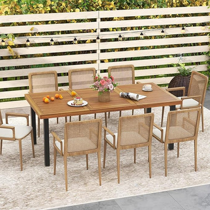 Tangkula 79" Acacia Wood Patio Dining Table for 8, Large 8-Person Outdoor Dining Table with 1.9" Umbrella Hole, Metal Legs & Adjustable Foot Pads, Rectangular Outside Table for Garden, Poolside & Yard