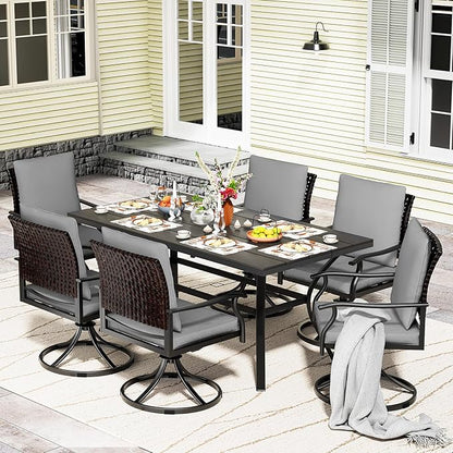 LEVELEVE 7 Piece Outdoor Patio Dining Set with 6 Swivel Dining Chairs & 1 Large Round Dining Table,Bistro Furniture Set for Lawn, Garden, Deck, Backyard and Porch