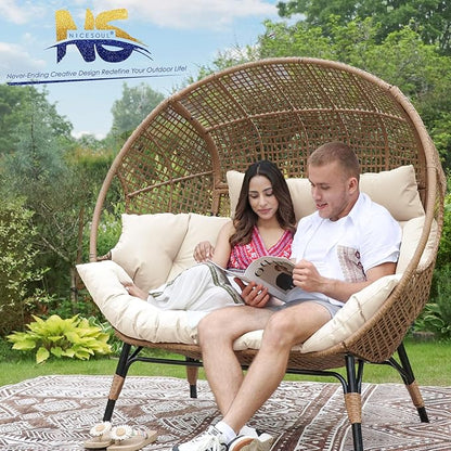 NICESOUL® Double Egg Chair Indoor Outdoor Stationary Oversized Thicken Padded Cushions,2 Person Egg Loveseat Chair,680 lbs Extra Large Lounge Chair for Patio Balcony Porch Backyard Beige with Cover