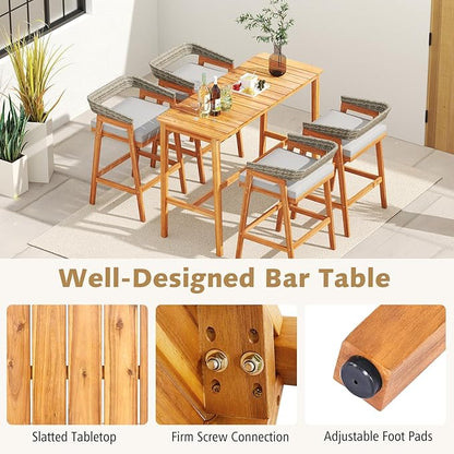 Tangkula 3 Piece Patio Bar Set, Outdoor Acacia Wood Counter Height Table with 2 Cushioned Barstools with Curved Rattan Back and Footrest, for Backyard, Poolside, Balcony