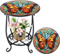 Outdoor Side Table Round Small Mosaic Patio Accent Indoor End Plant Coffee Tea Table for Yard Patio Porch Garden Living Room, Bedroom(Butterfly B Style,14 Inch)