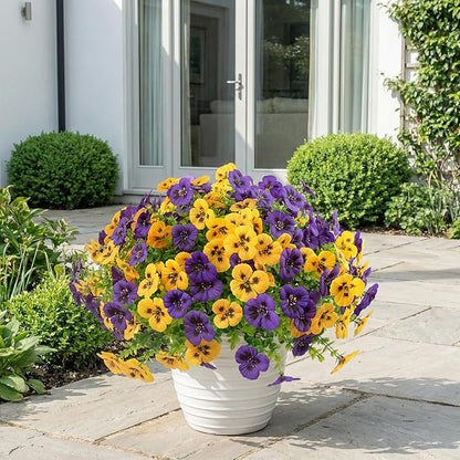 18 Pcs Artificial Fake Pansy Flowers for Outdoor, Faux UV Resistant Silk Pansies Flowers for Outside Planter Front Door Porch Yard Patio Window Box Home Decor (18, Yellow,Purple)