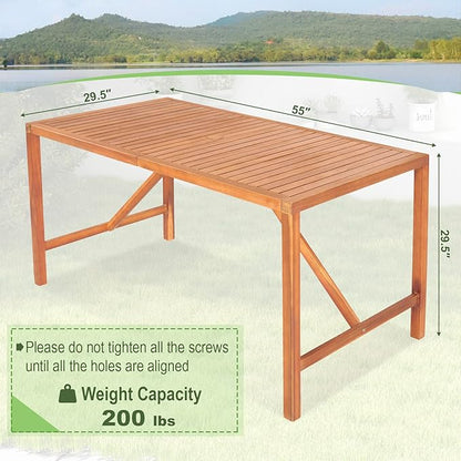 Tangkula 55" Acacia Wood Outdoor Dining Table for 4-6 Person, Rectangular Patio Dining Table with 2" Umbrella Hole and Support Bars, Indoor Outdoor Dining Furniture for Deck, Garden, Poolside & Yard
