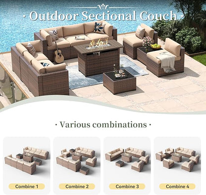 Aoxun 11 Piece Patio Furniture Set with 44” Fire Pit Table Wicker Rattan Outdoor Sectional Sofa Set with Coffee Table and Thickened Cushions, Beige (Waterproof Cover Included)