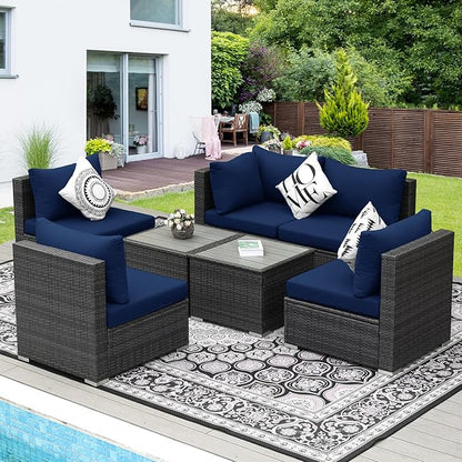 NICESOUL 7 Piece High-End Outdoor Furniture Sofa Set, 29.3'' High Back XL Large Grey Wicker Patio Modular Sectional with Side Tables, All-Weather Couches for Backyard Deck, 2 Color Cushion Navy & Grey