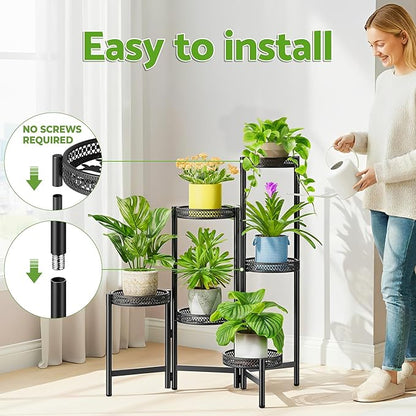 6 Tier Metal Plant Stand Indoor Outdoor, Corner Tall Plant Shelf for Multiple Plants, Foldable Heavy Duty Plant Holder, Decoration Flower Stand for Living Room Balcony Patio Garden- BlackWave