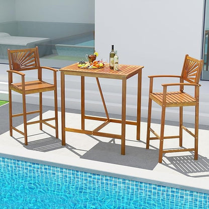 Tangkula 3 Piece Patio Bar Table & Chairs, Outdoor Acacia Wood Bar Set w/Slatted Seat & Tabletop, Wood Dining Bar Set w/Backrest, Armrests & Footrest for Backyard, Poolside, Balcony