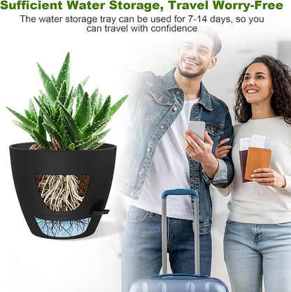 12 Inch Large Self Watering Pots, Flower Pots with Multi-Mesh Drainage Holes and Saucer, Planters for Indoor and Outdoor Garden Plants (Black)