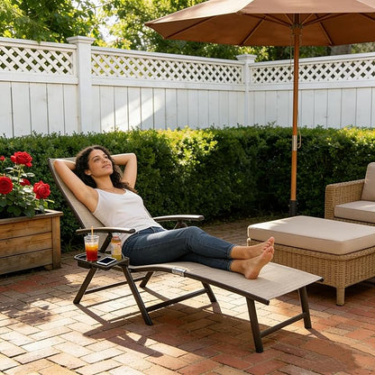 Kozyard Aluminum Outdoor Chaise Lounge Chair, Adjustable Reclining Patio Lounge with Drink Holder, Weather-Resistant Pool, Deck & Yard Recliner, Assemble-Free (1Pack, Beige)