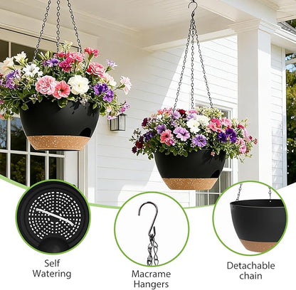 8 Inch Hanging Planters for Indoor Outdoor Plants, 4 Pack Black Brown Plastic Self Watering Hanging Baskets with Drainage Holes and Chain for Garden Porch